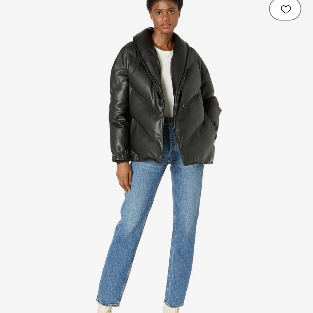 Blank NYC Black Faux Leather Puffer Jacket with Belt Closure